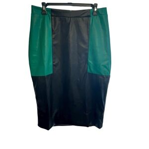 Ashley Stewart Faux Leather Black and Green Midi Skirt